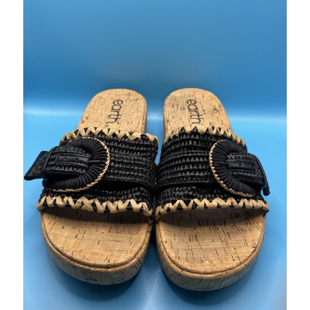 Earth Samsy Blue Raffia Platform Wedge Slide Sandals Women's 7M NWOB